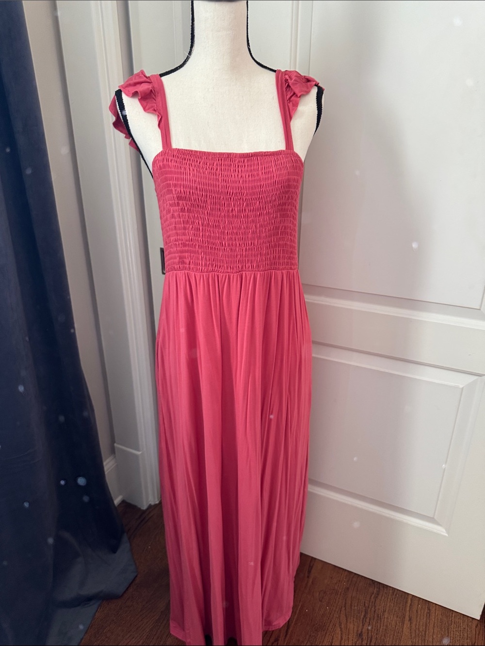 Pink Smocked Maxi Dress with Ruffled Tie Straps
